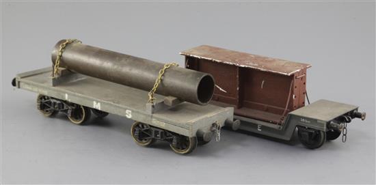 A set of two: LMS flat wagon with load No 51367 and NE well wagon with load No 4966, 2 or 3 rail